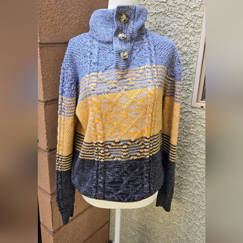 Kian D Striped Cable-Knit Funnel Neck Sweater - Blue & Yellow